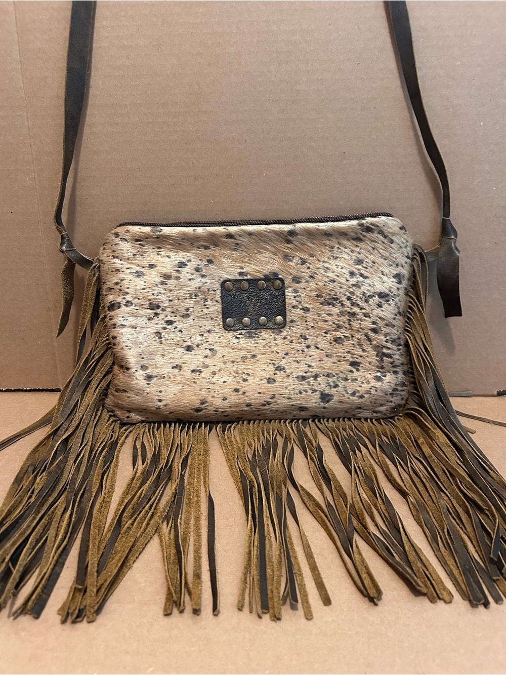 Keep It Gypsy Cheetah Print Cowhide Fringe Cross Body Upcycled LV Western Boho